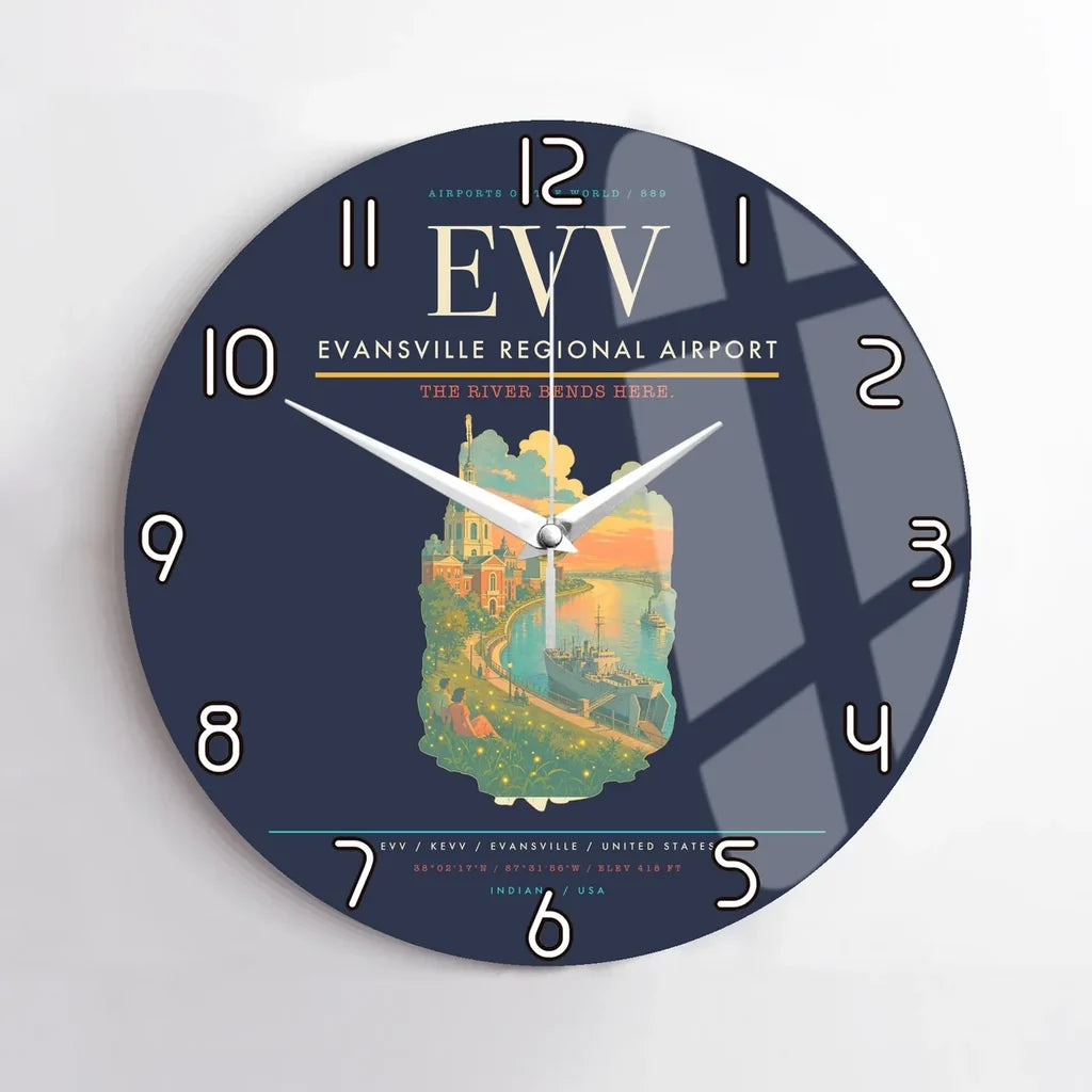 Evansville Regional Airport (EVV) design on navy blue no frame wall clock