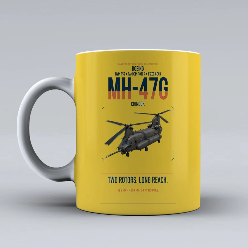 Boeing MH-47G Chinook design on yellow ceramic mug, double-side print