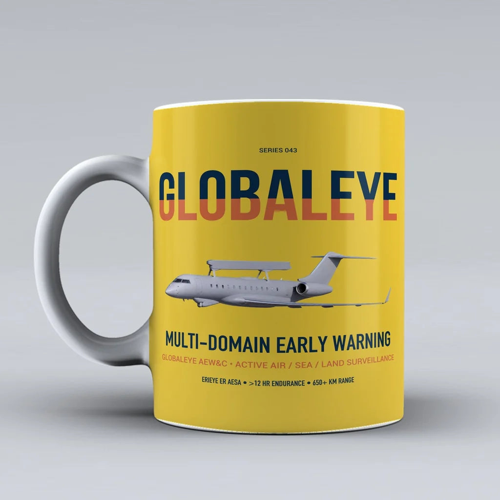 Saab GlobalEye design on yellow ceramic mug, double-side print