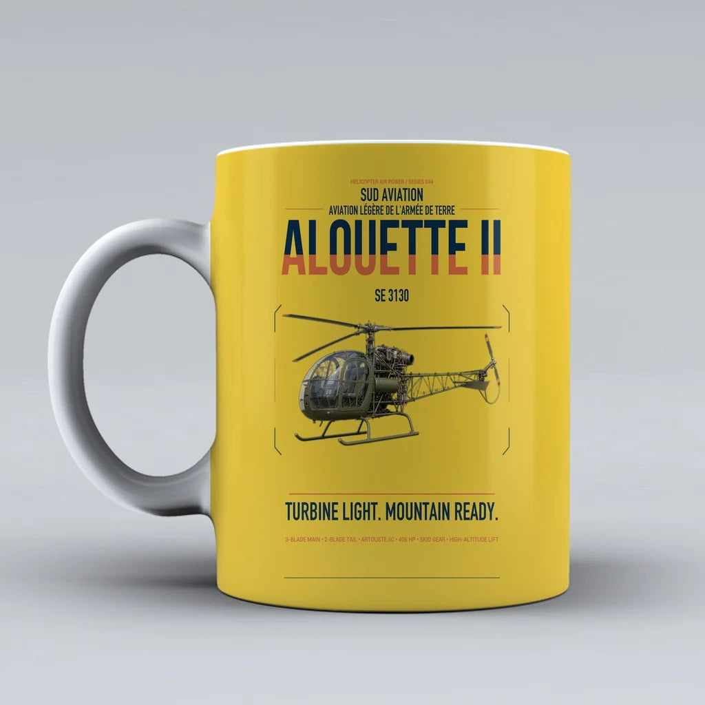 Sud Aviation SE 3130 Alouette II design on yellow ceramic mug, double-side print