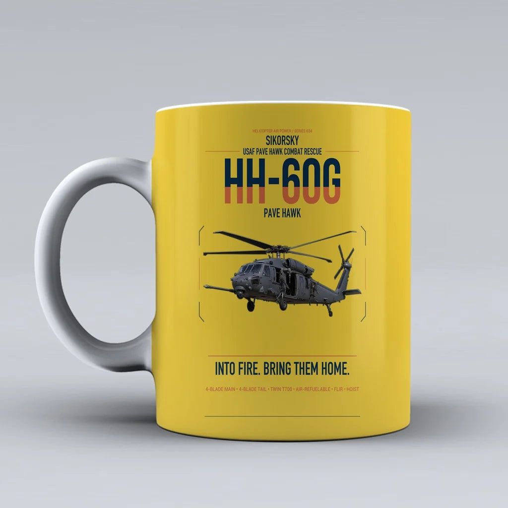 Sikorsky HH-60G Pave Hawk design on yellow ceramic mug, double-side print