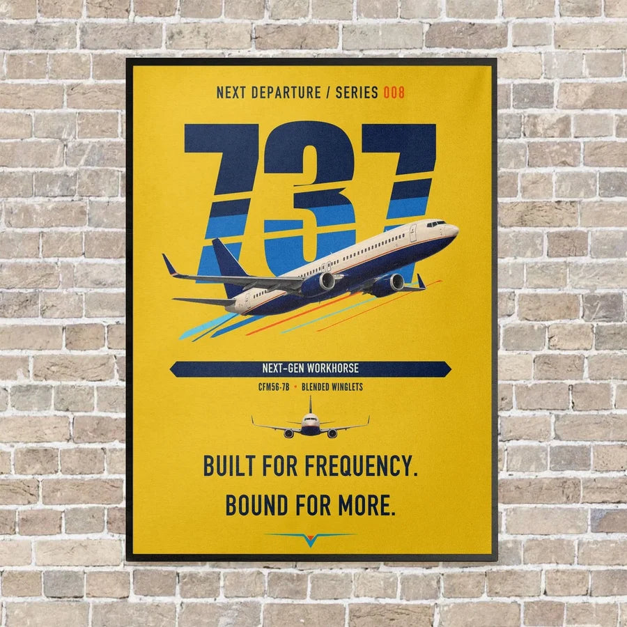 Boeing 737-800 NG vertical canvas print - framed - yellow background