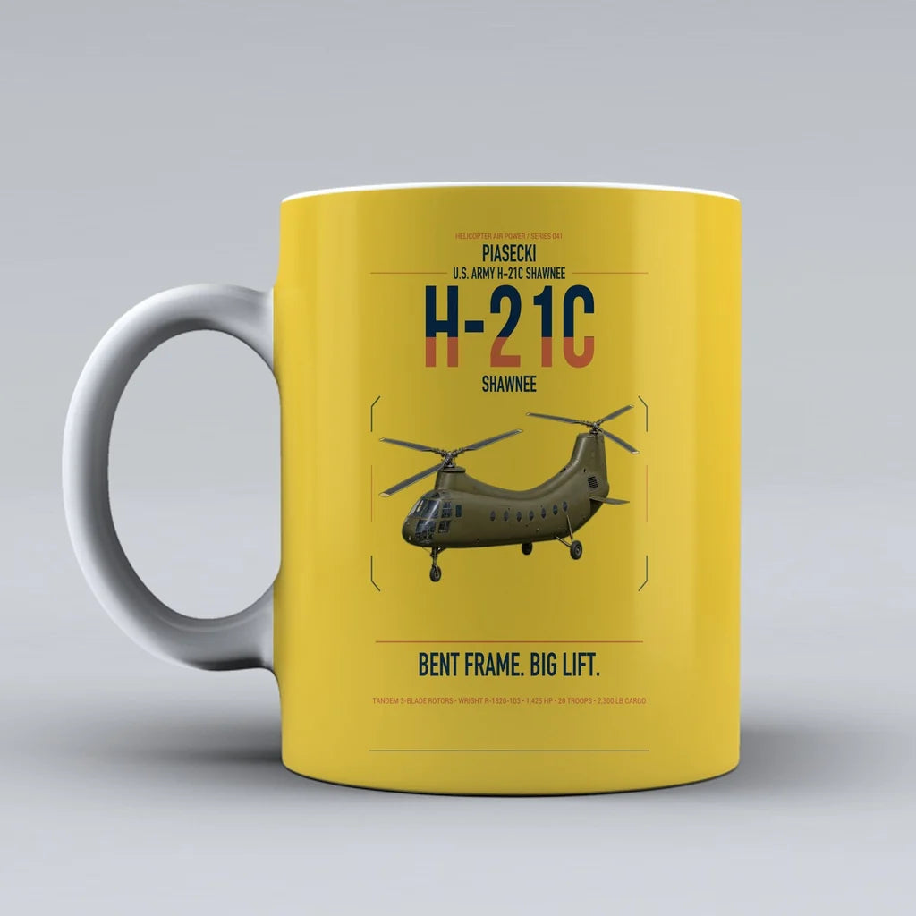 Piasecki H-21C Shawnee design on yellow ceramic mug, double-side print