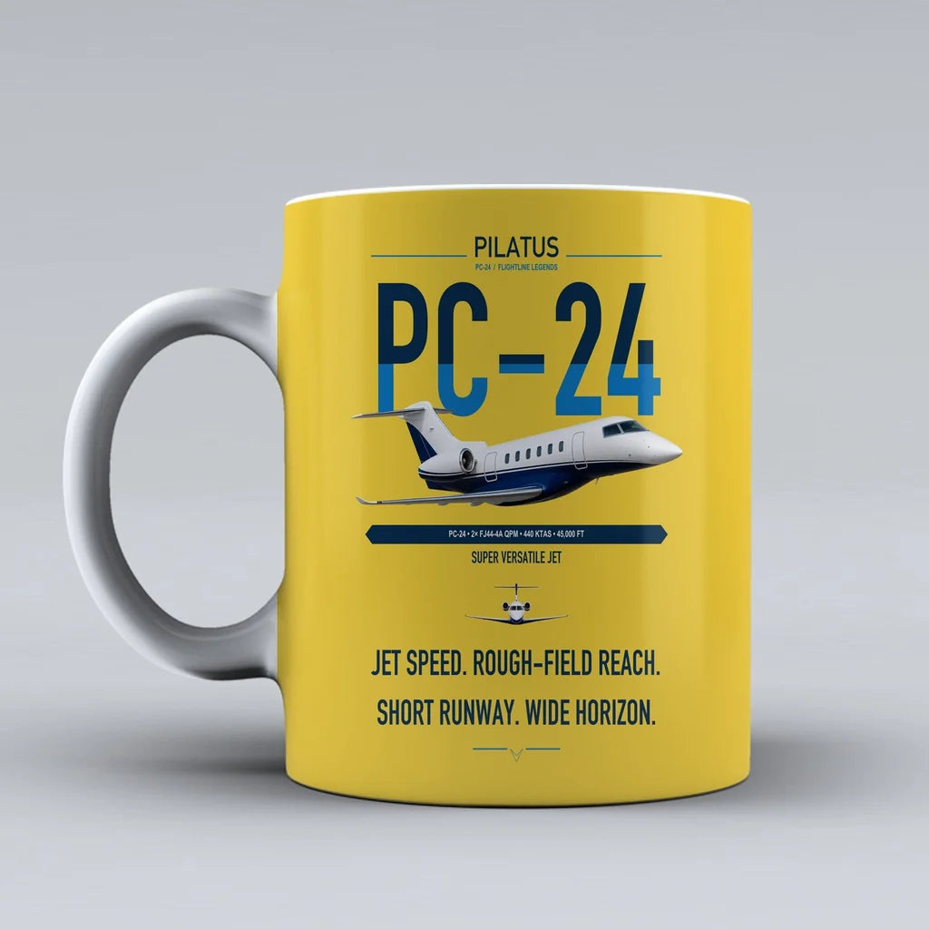 Pilatus PC-24 design on yellow ceramic mug, double-side print