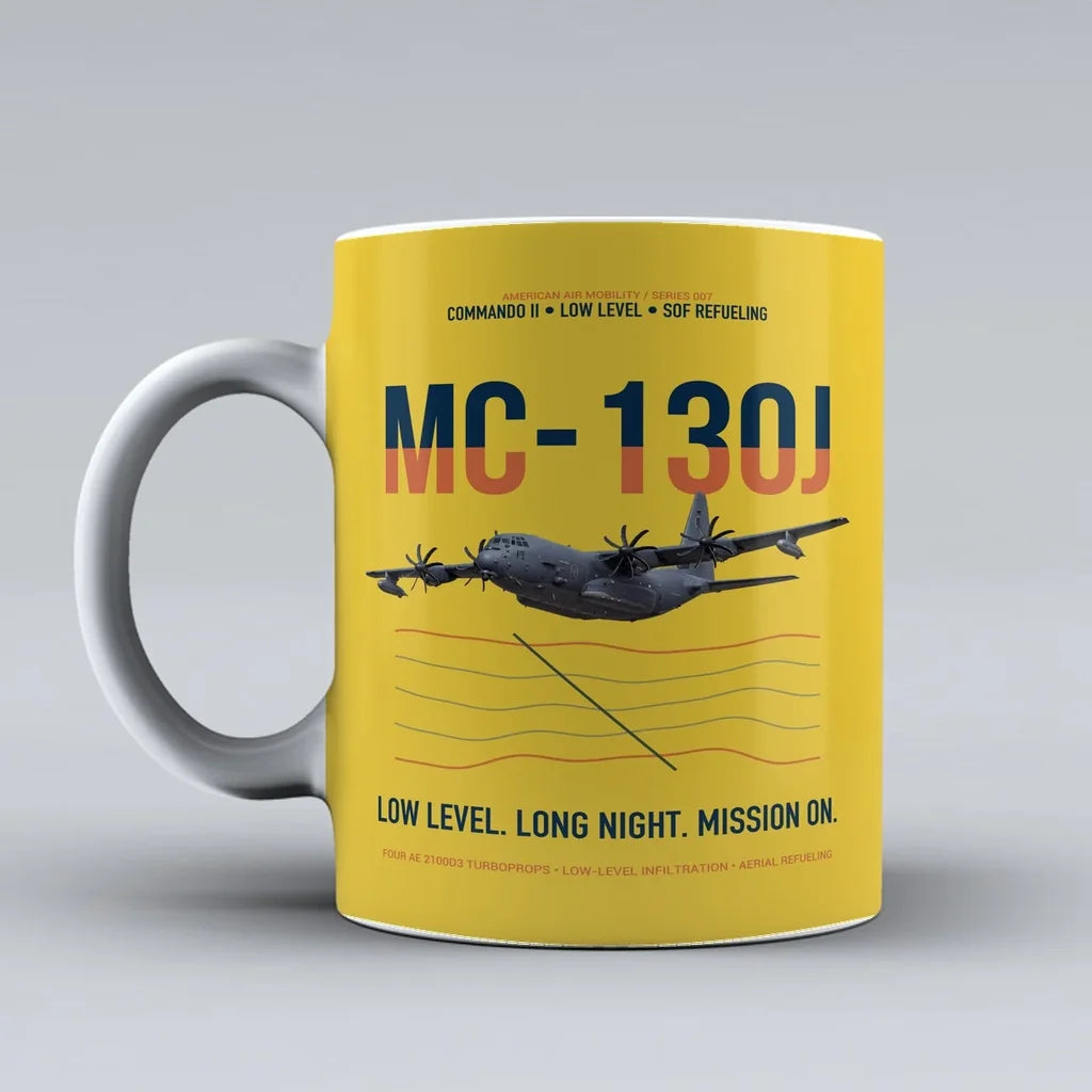 MC-130J COMMANDO II design on yellow ceramic mug, double-side print