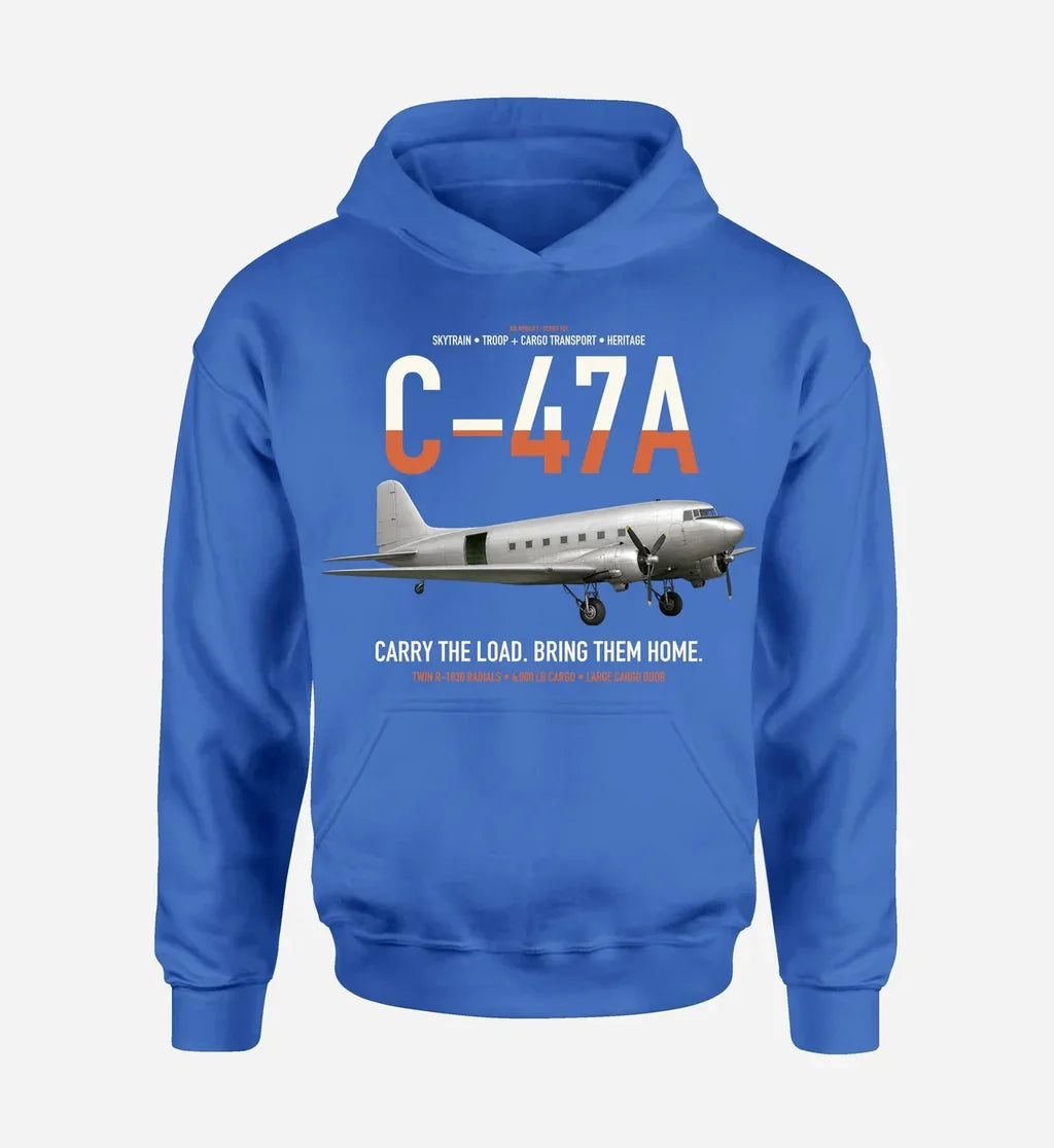 C-47A Skytrain design on blue double-side hoodie, single-side print