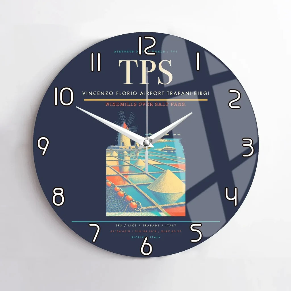 Vincenzo Florio Airport Trapani-Birgi (TPS) design on navy blue no frame wall clock