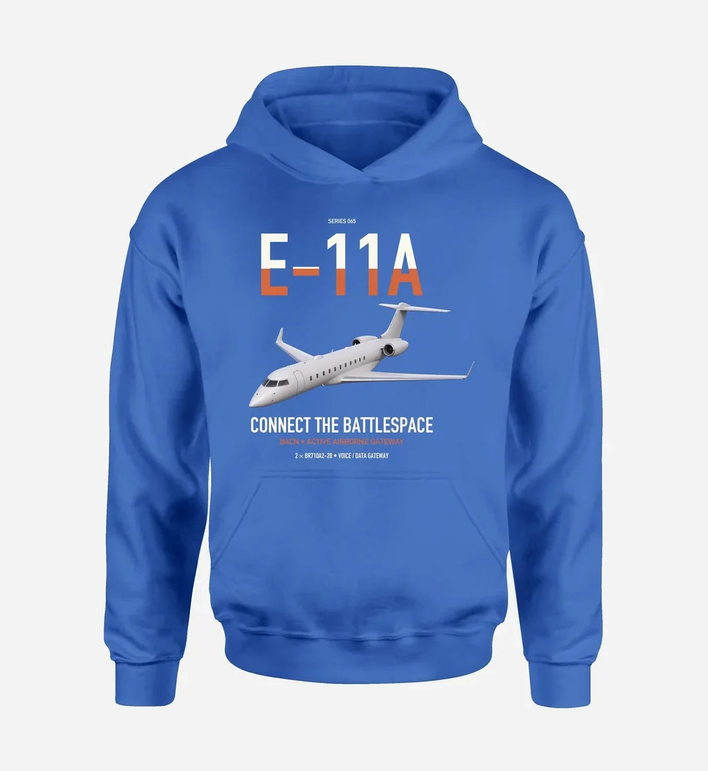 E-11A BACN design on blue double-side hoodie, single-side print