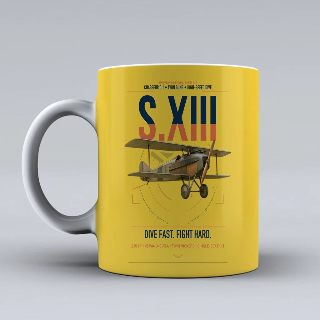 SPAD S.XIII C.1 design on yellow ceramic mug, double-side print
