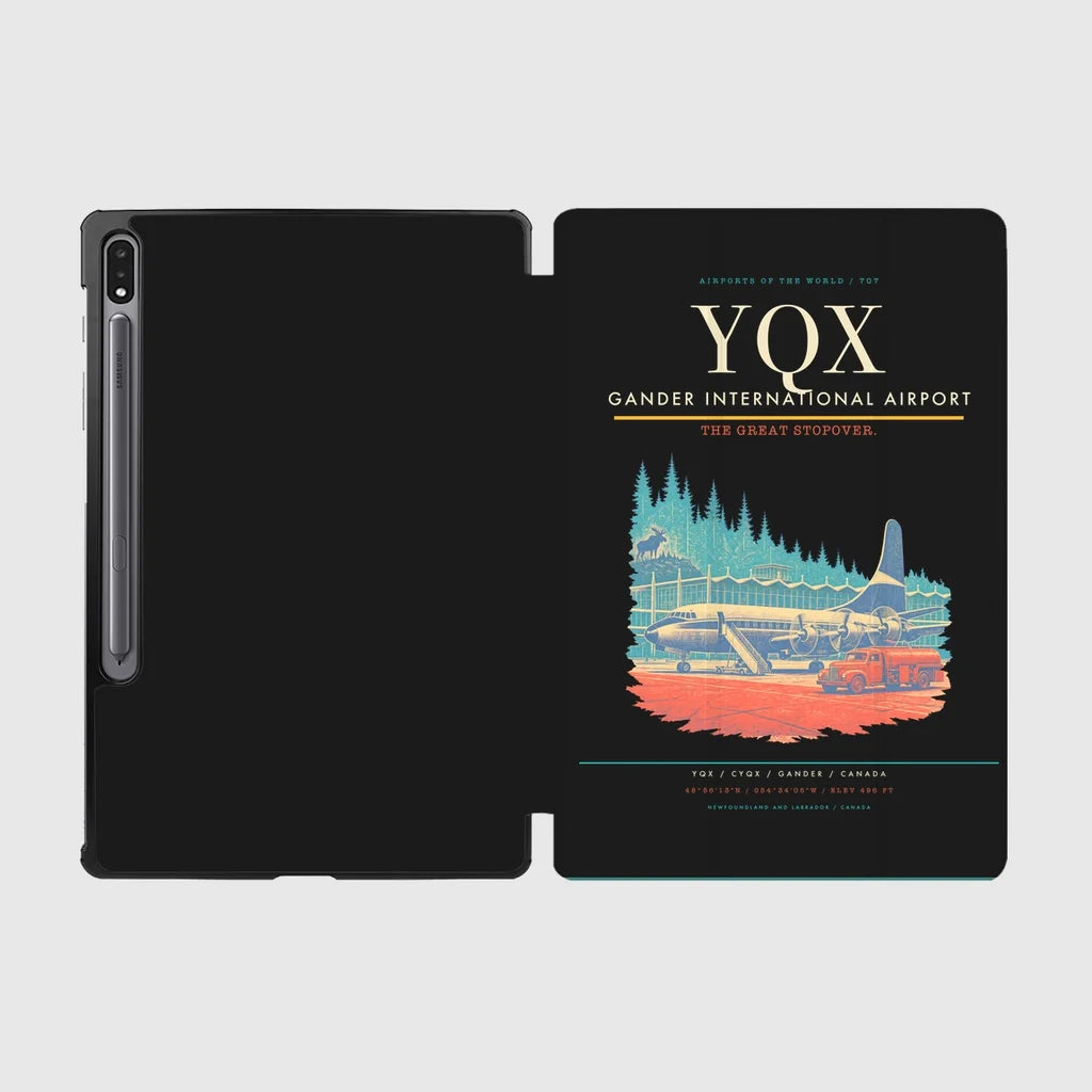 Gander International Airport (YQX) design on black samsung tablet tablet case