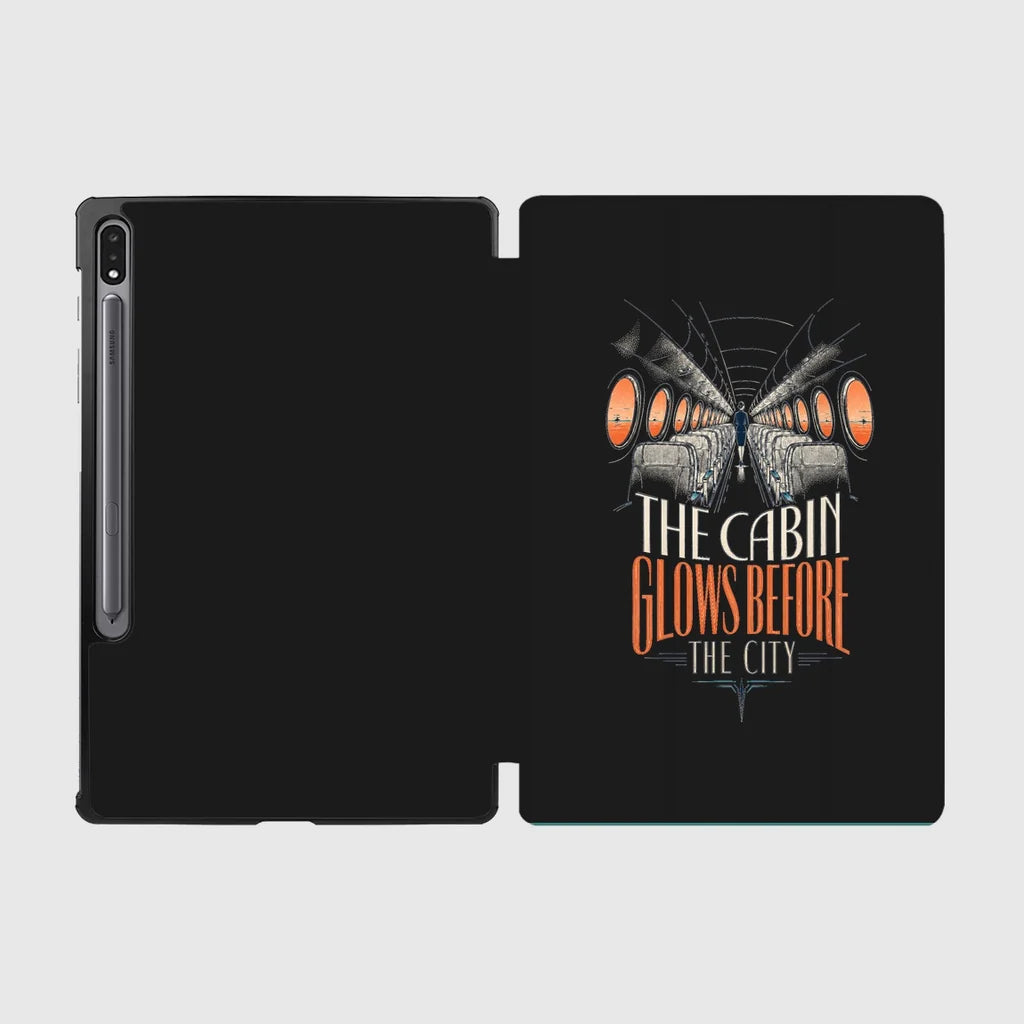 The Cabin Glows Before The City design on black samsung tablet tablet case