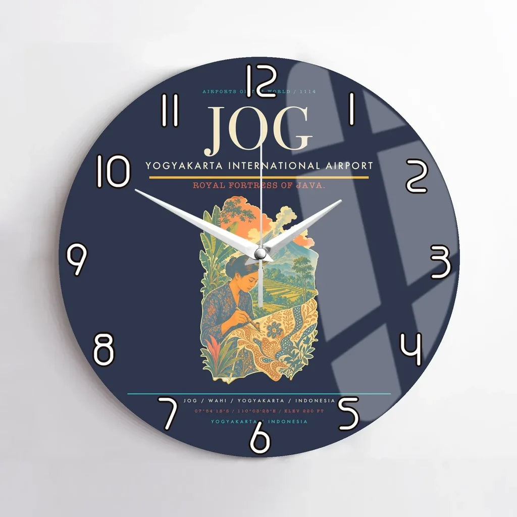 Yogyakarta International Airport (JOG) design on navy blue no frame wall clock