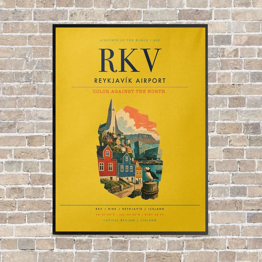 Reykjavík Airport RKV vertical canvas print - framed - yellow background