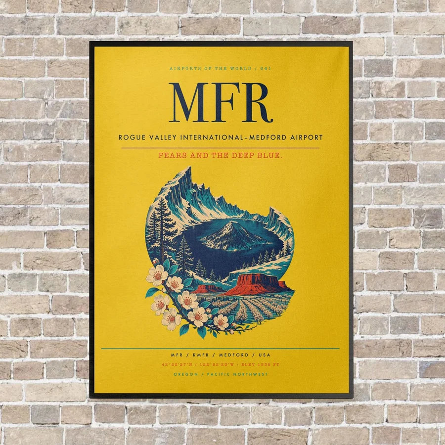 Rogue Valley International–Medford Airport MFR vertical canvas print - framed - yellow background