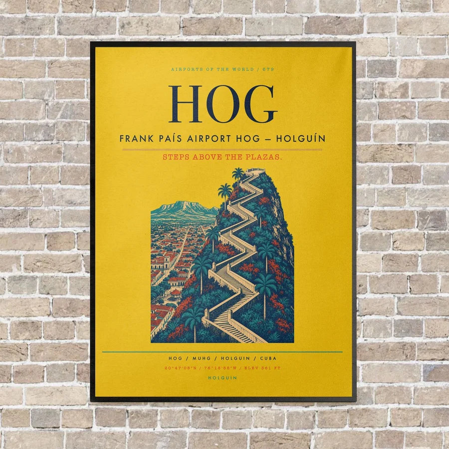 Frank País Airport HOG — Holguín vertical canvas print - framed - yellow background