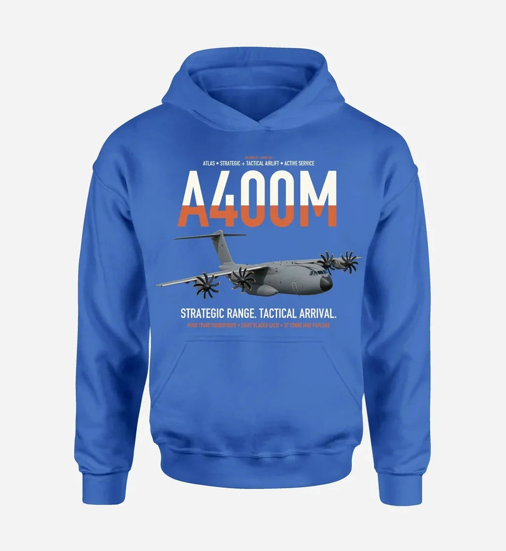 Airbus A400M Atlas design on blue double-side hoodie, single-side print