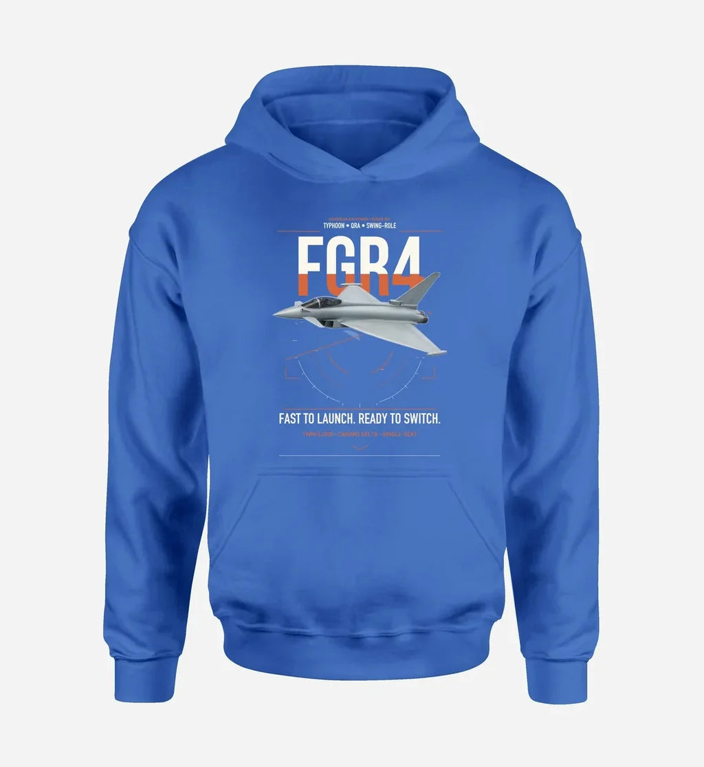 Eurofighter Typhoon FGR4 design on blue double-side hoodie, single-side print