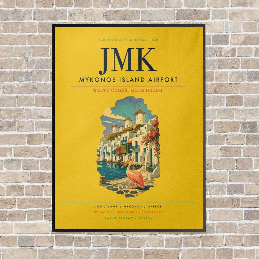Mykonos Island Airport JMK vertical canvas print - framed - yellow background