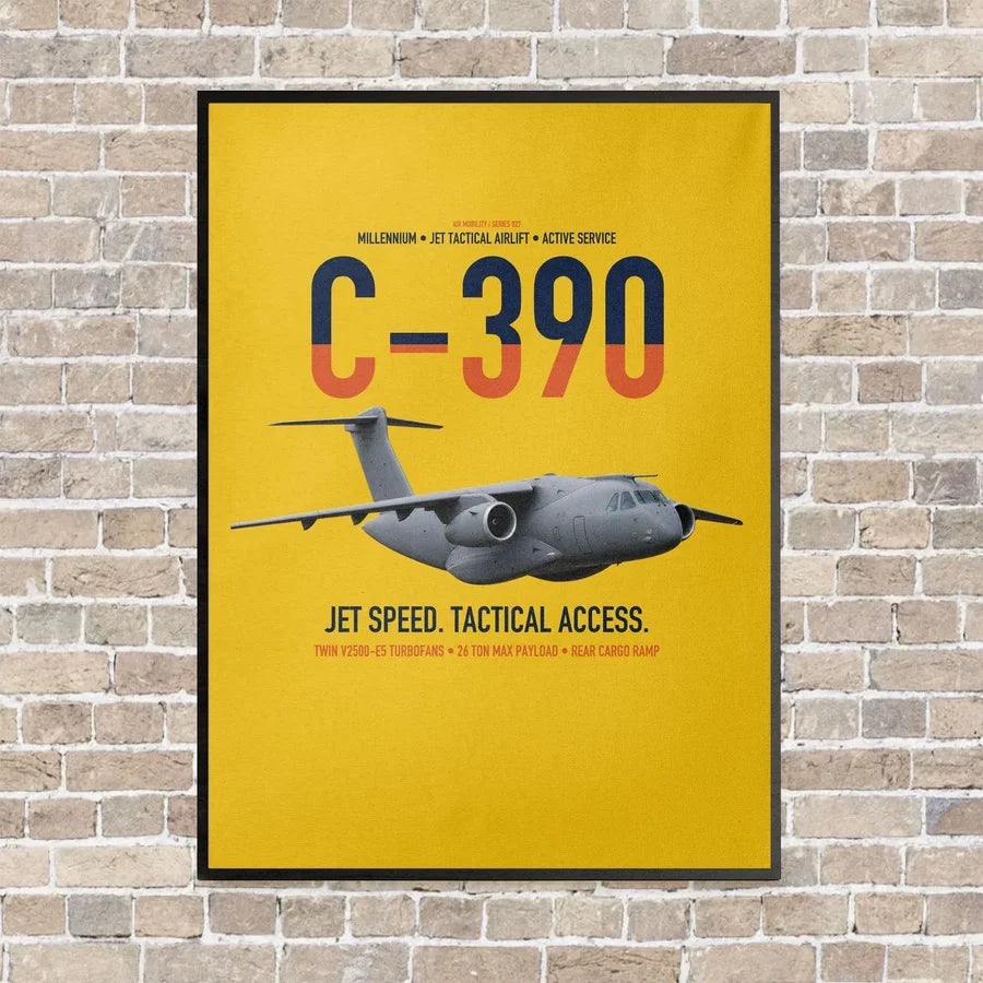 C-390 Millennium vertical canvas print - framed - yellow background