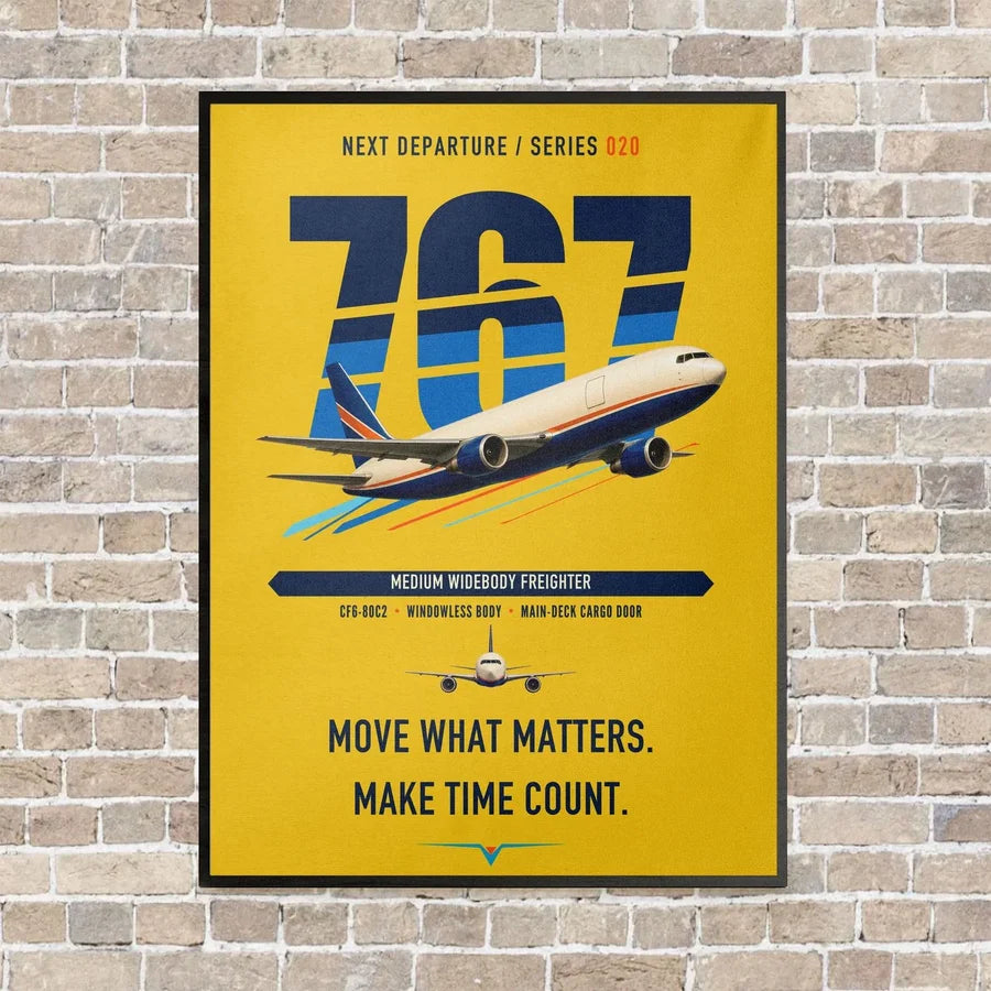 Boeing 767-300F vertical canvas print - framed - yellow background