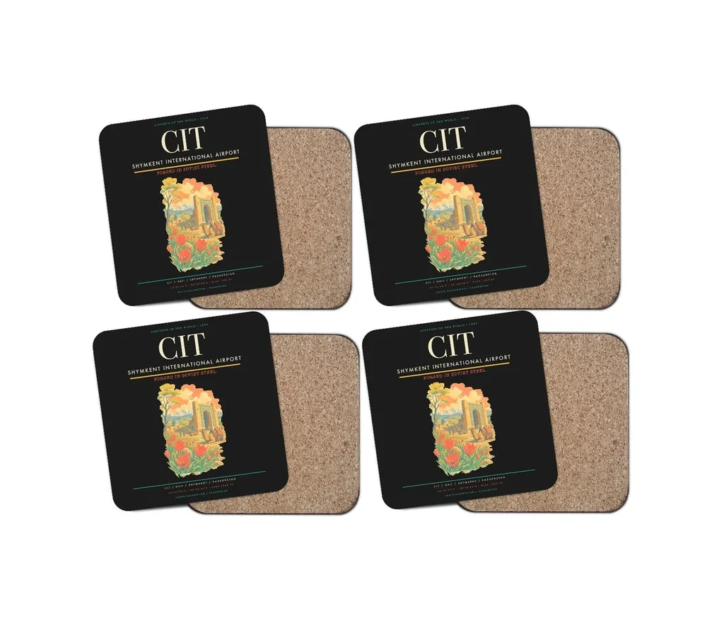 Shymkent International Airport (CIT) design on black 4 pieces set coaster