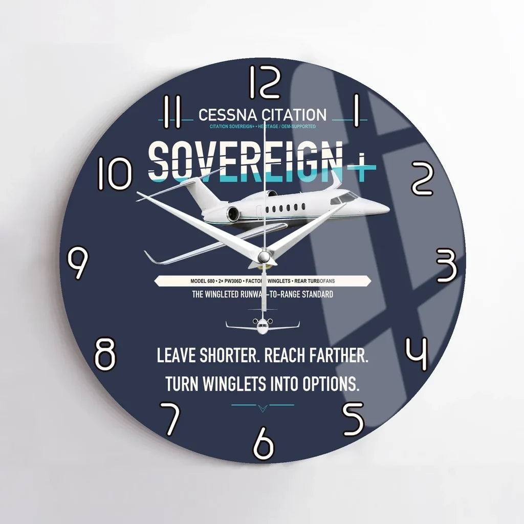 Cessna Citation Sovereign+ design on navy blue no frame wall clock