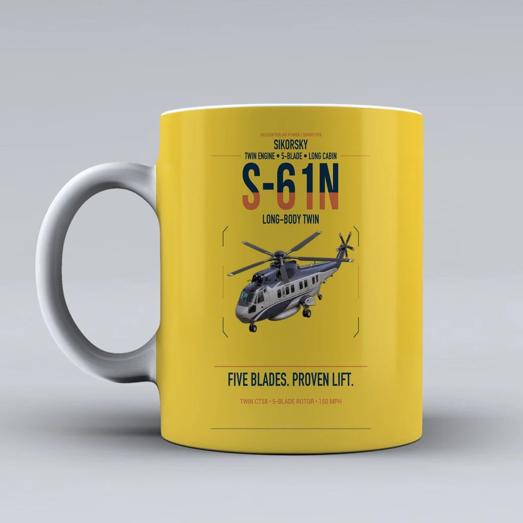 Sikorsky S-61N design on yellow ceramic mug, double-side print