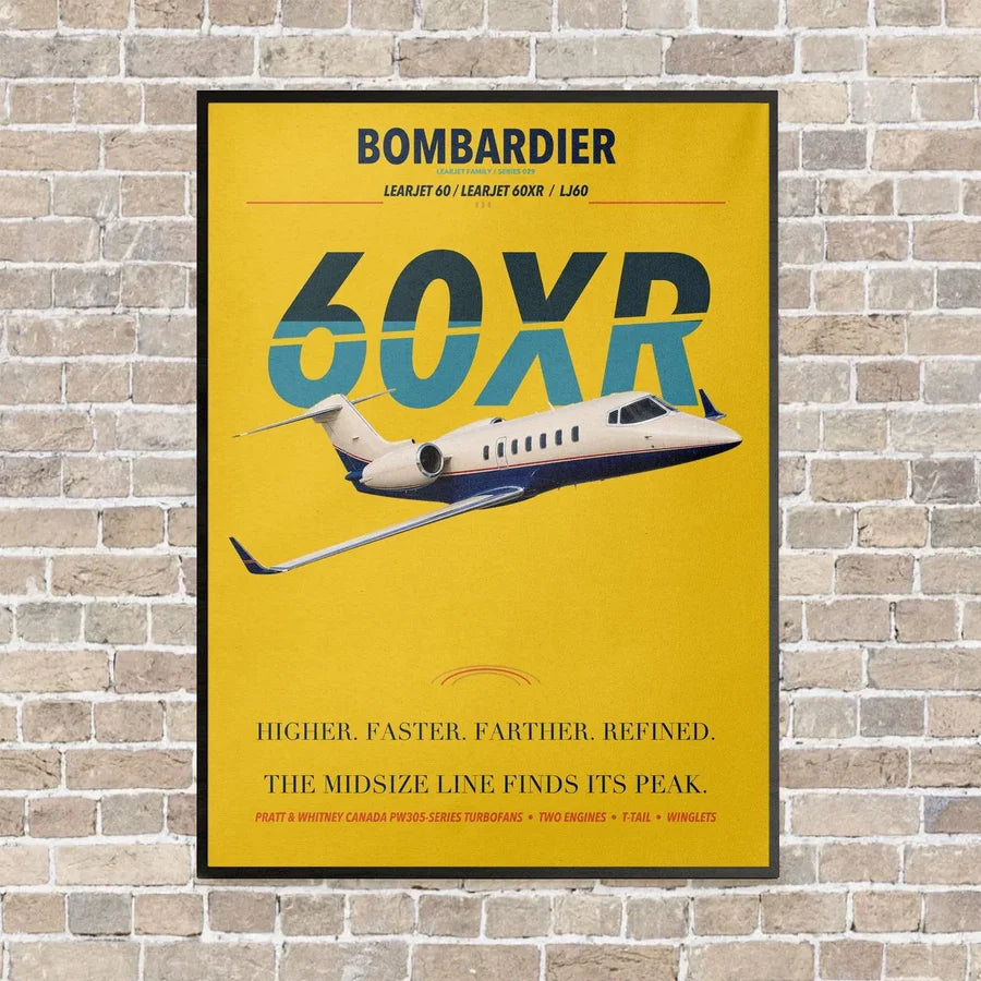 Bombardier Learjet 60XR vertical canvas print - framed - yellow background