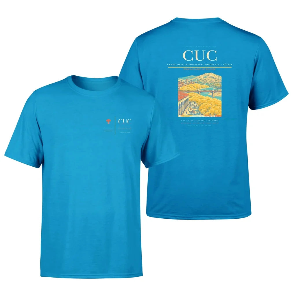 Camilo Daza International Airport (CUC) design printed on turquoise double-side t-shirt