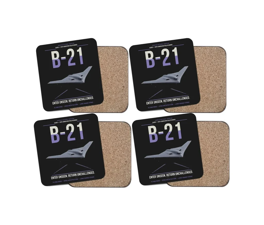 B-21 Raider design on black 4 pieces set coaster