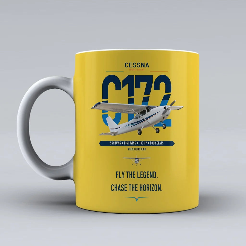 Cessna 172 Skyhawk design on yellow ceramic mug, double-side print