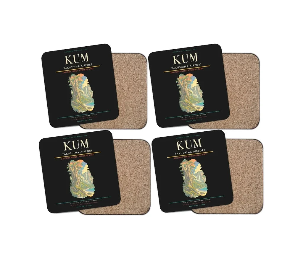 Yakushima Airport (KUM) design on black 4 pieces set coaster