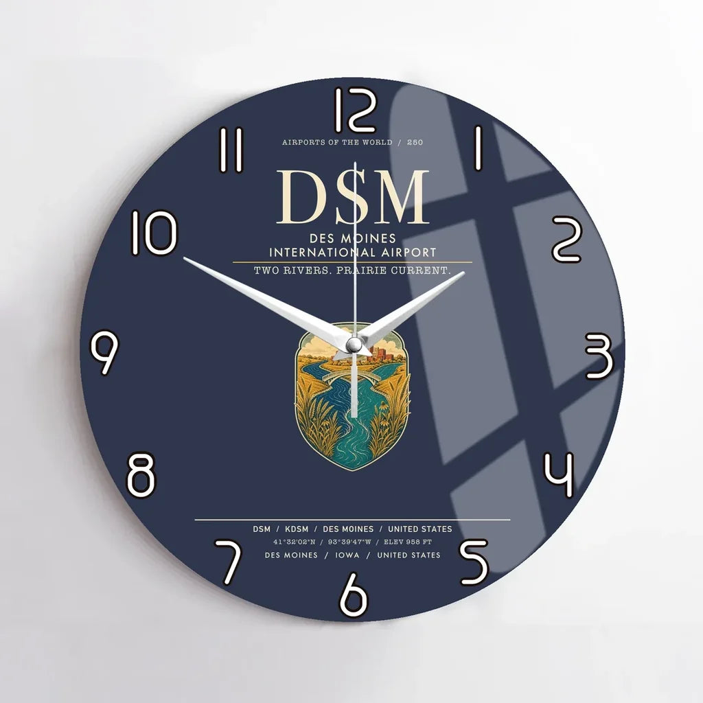 Des Moines International Airport (DSM) design on navy blue no frame wall clock