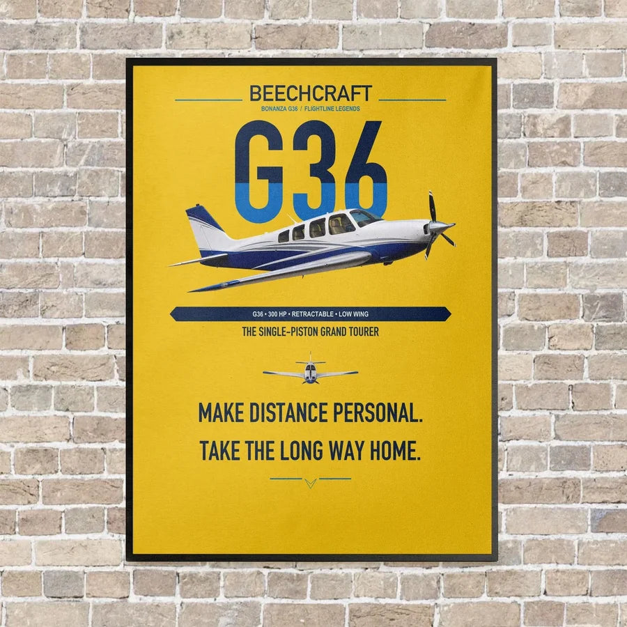 Beechcraft Bonanza G36 vertical canvas print - framed - yellow background