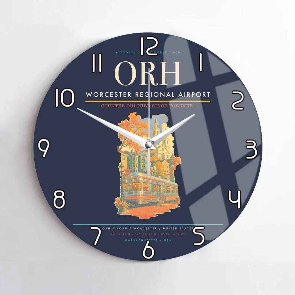 Worcester Regional Airport (ORH) design on navy blue no frame wall clock