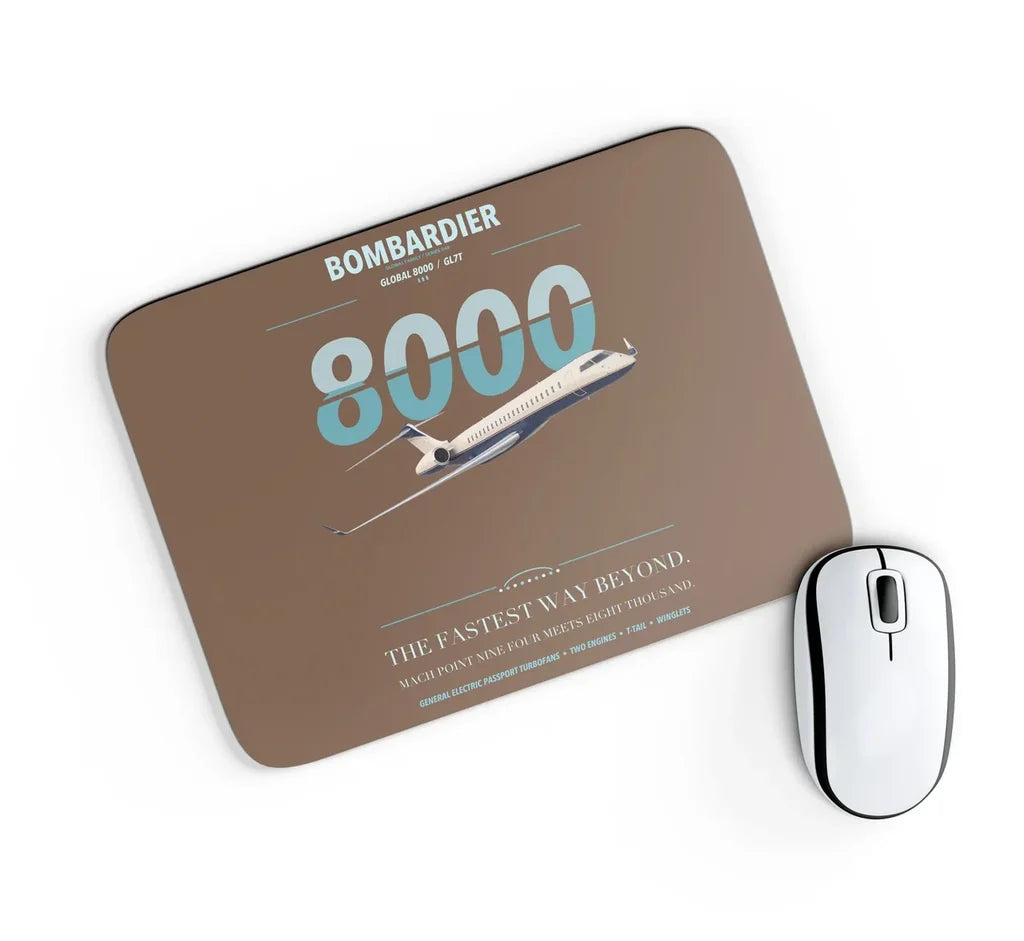 Bombardier Global 8000 design on brown rectangle mouse pad