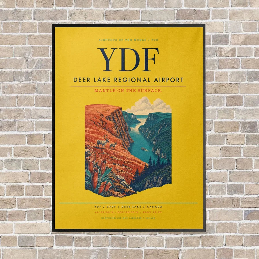 Deer Lake Regional Airport YDF vertical canvas print - framed - yellow background