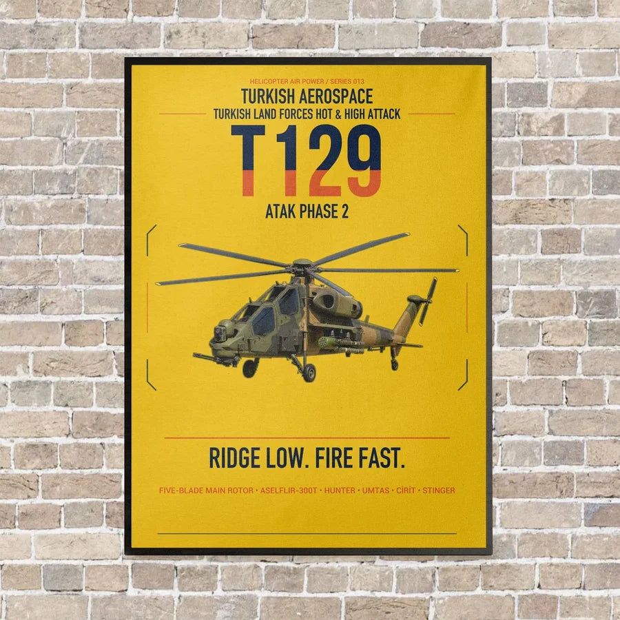 Turkish Aerospace T129 ATAK Phase 2 vertical canvas print - framed - yellow background
