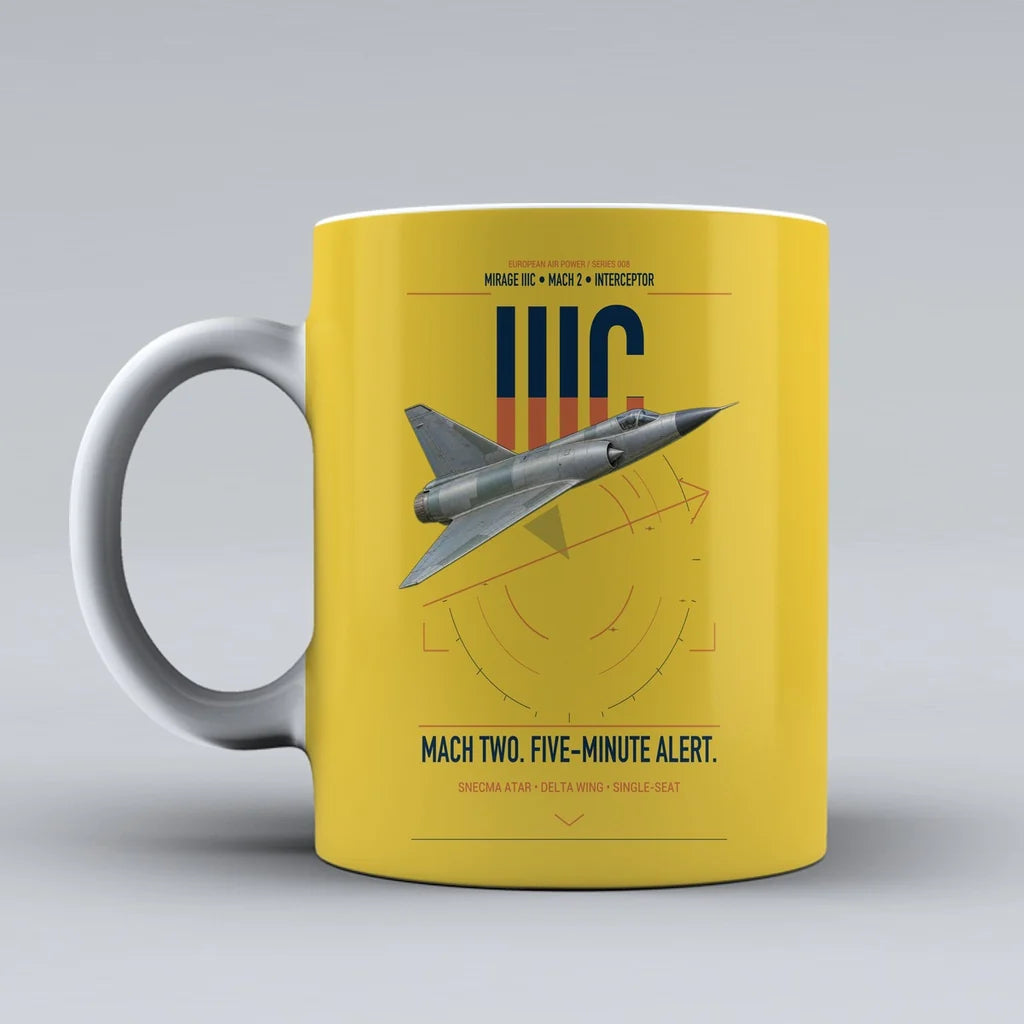Dassault Mirage IIIC design on yellow ceramic mug, double-side print