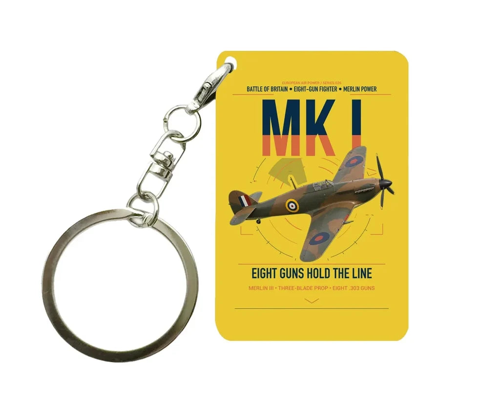 Hawker Hurricane Mk I design on yellow designed key chain, double-side print