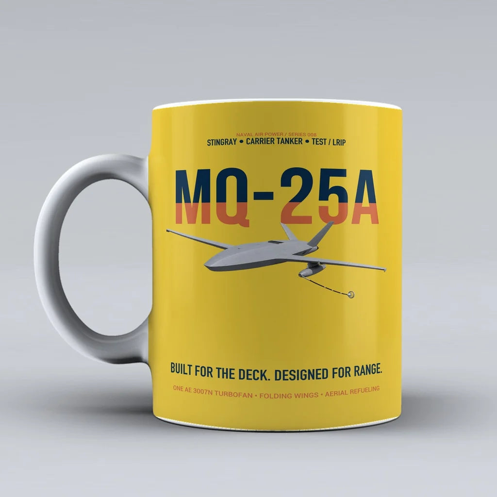 MQ-25A STINGRAY design on yellow ceramic mug, double-side print