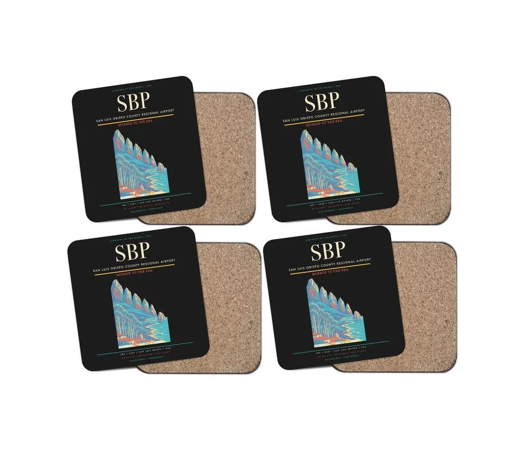 San Luis Obispo County Regional Airport (SBP) design on black 4 pieces set coaster