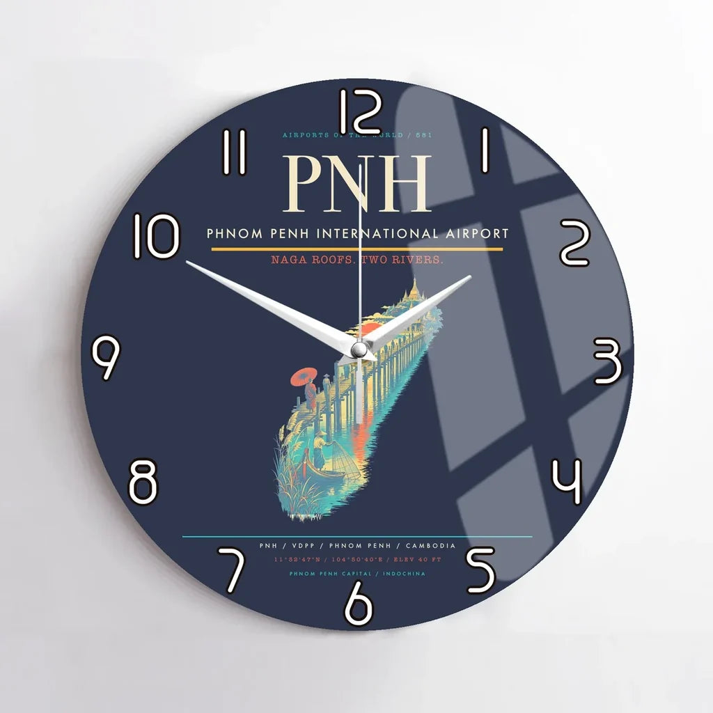 Phnom Penh International Airport (PNH) design on navy blue no frame wall clock