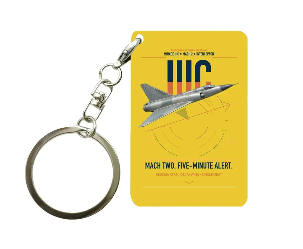 Dassault Mirage IIIC design on yellow designed key chain, double-side print