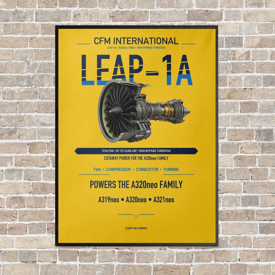 CFM LEAP-1A vertical canvas print - framed - yellow background