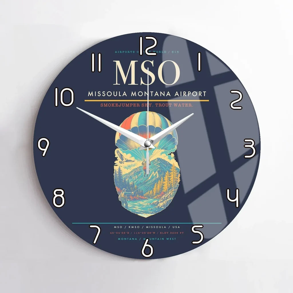 Missoula Montana Airport (MSO) design on navy blue no frame wall clock