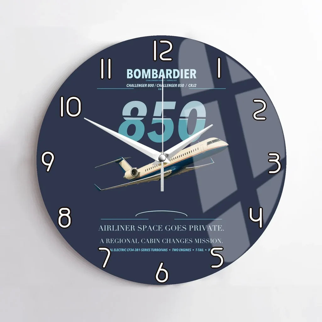 Bombardier Challenger 850 design on navy blue no frame wall clock