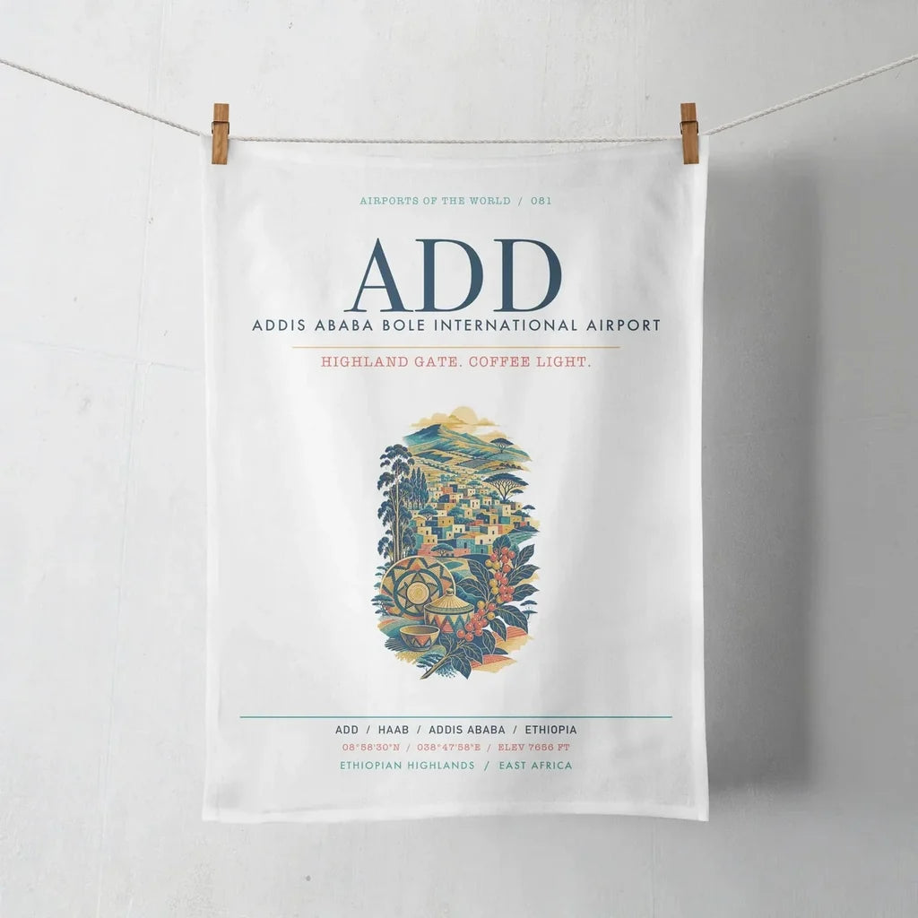 Addis Ababa Bole International Airport (ADD) design on white towel