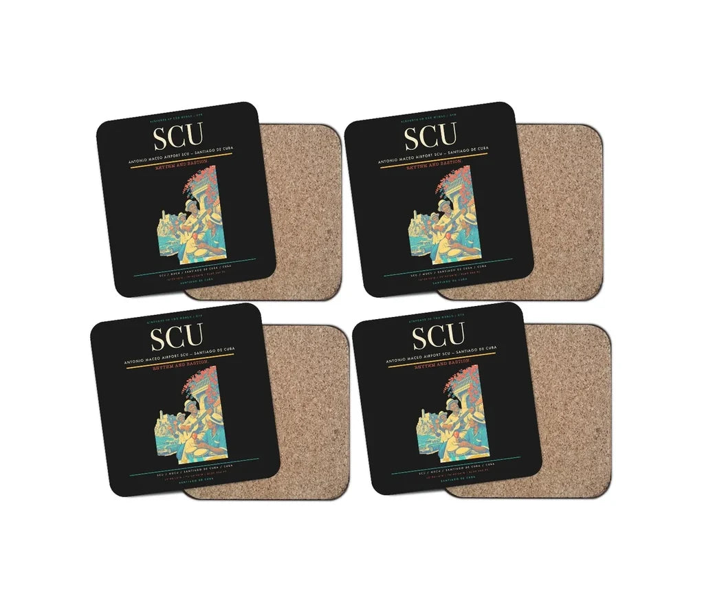 Antonio Maceo Airport (SCU) design on black 4 pieces set coaster