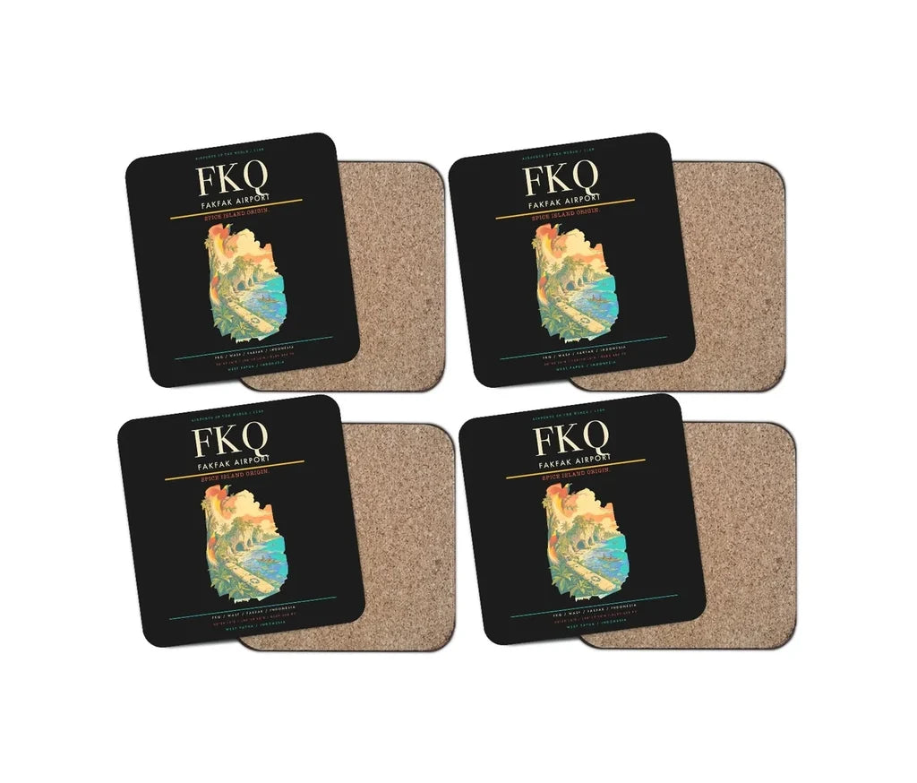 Fakfak Airport (FKQ) design on black 4 pieces set coaster